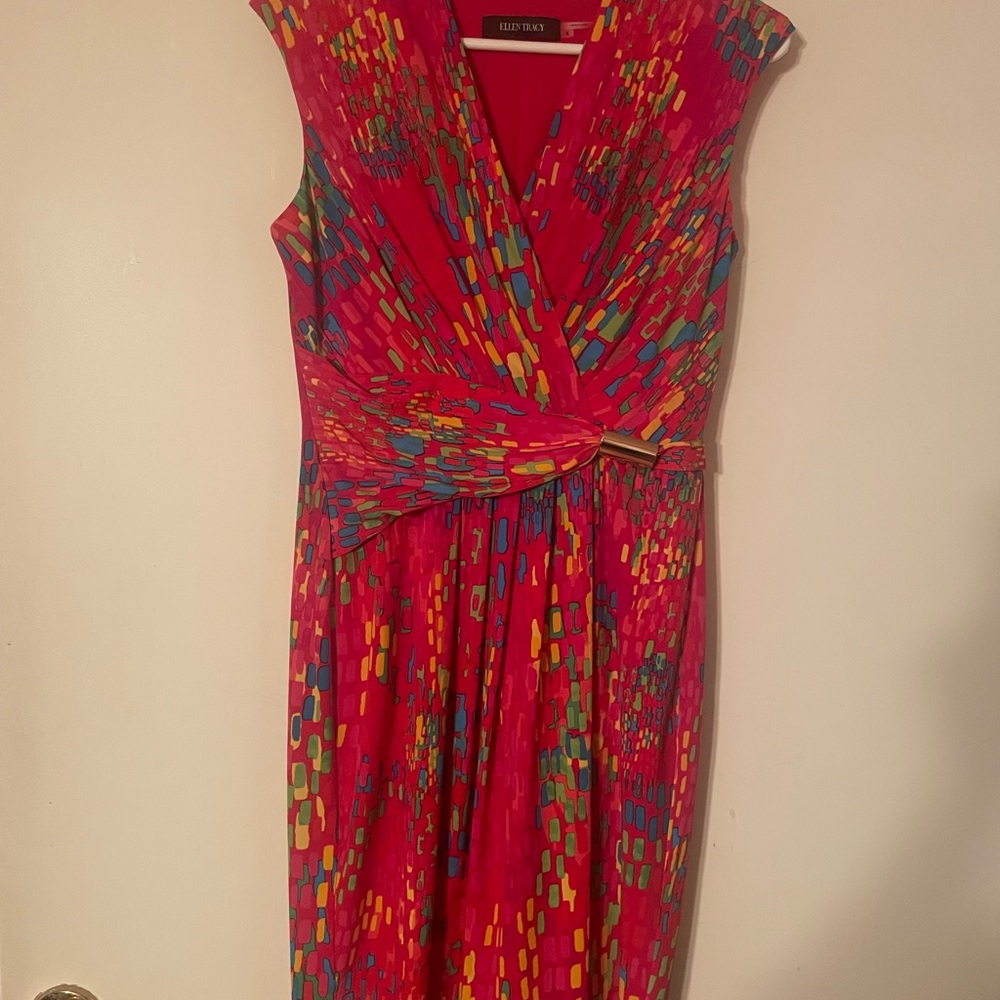 Ellen Tracy Vibrant Red and Multi-Color Midi Dress